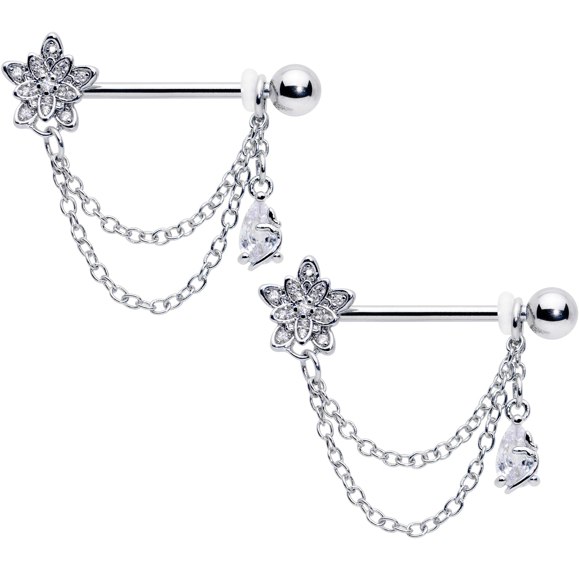 14G 9/16 Clear CZ Gem Snowflake Flower Chain Dangle Nipple Ring Set