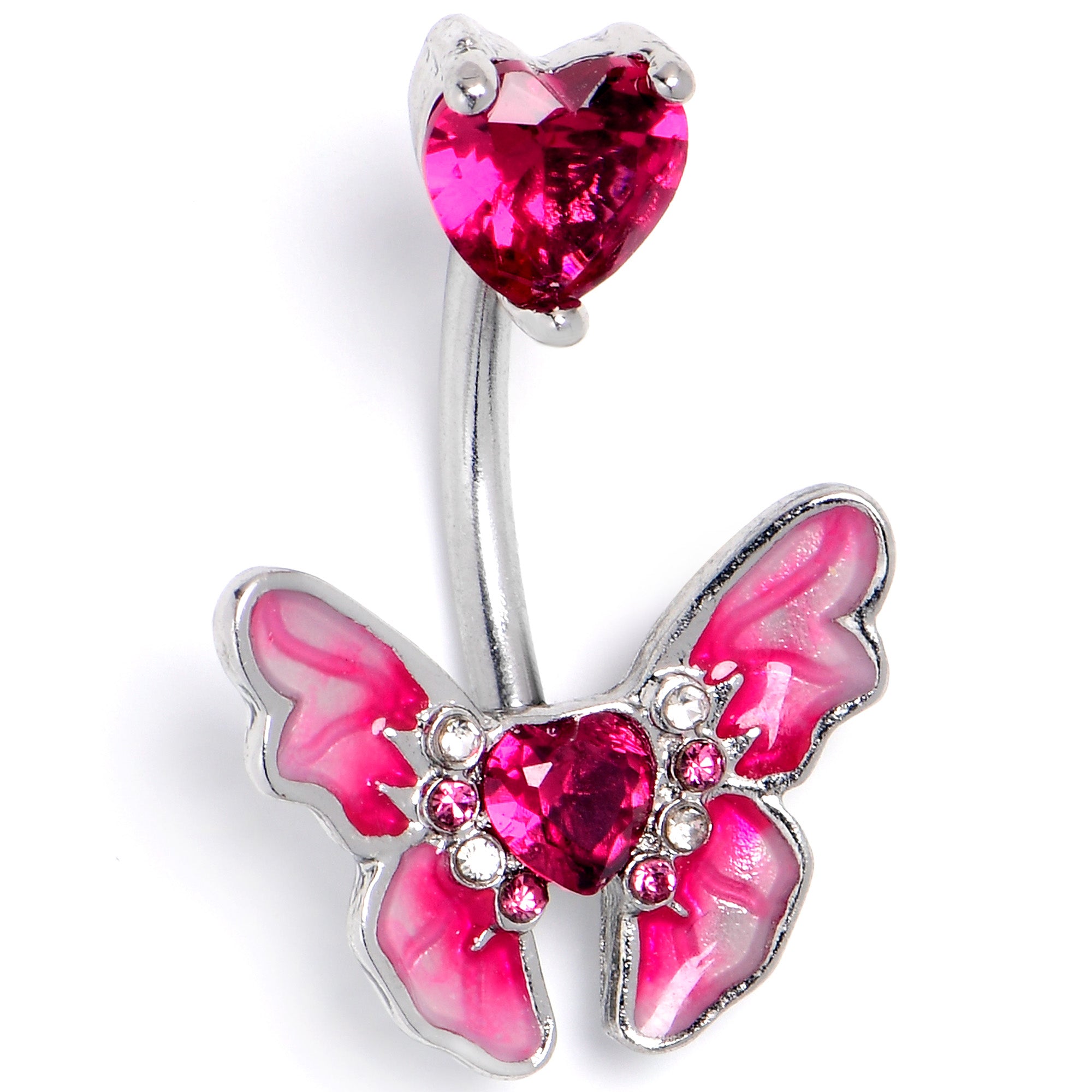 Pink CZ Gem Butterfly Love Heart Double Mount Belly Ring