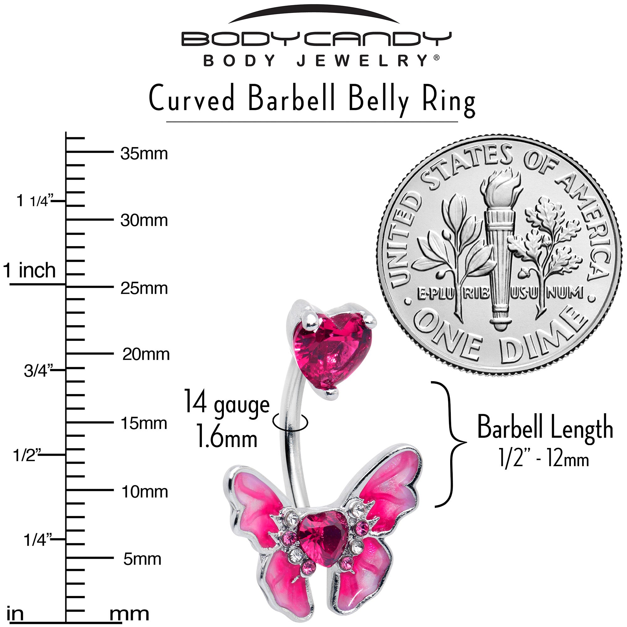 Pink CZ Gem Butterfly Love Heart Double Mount Belly Ring