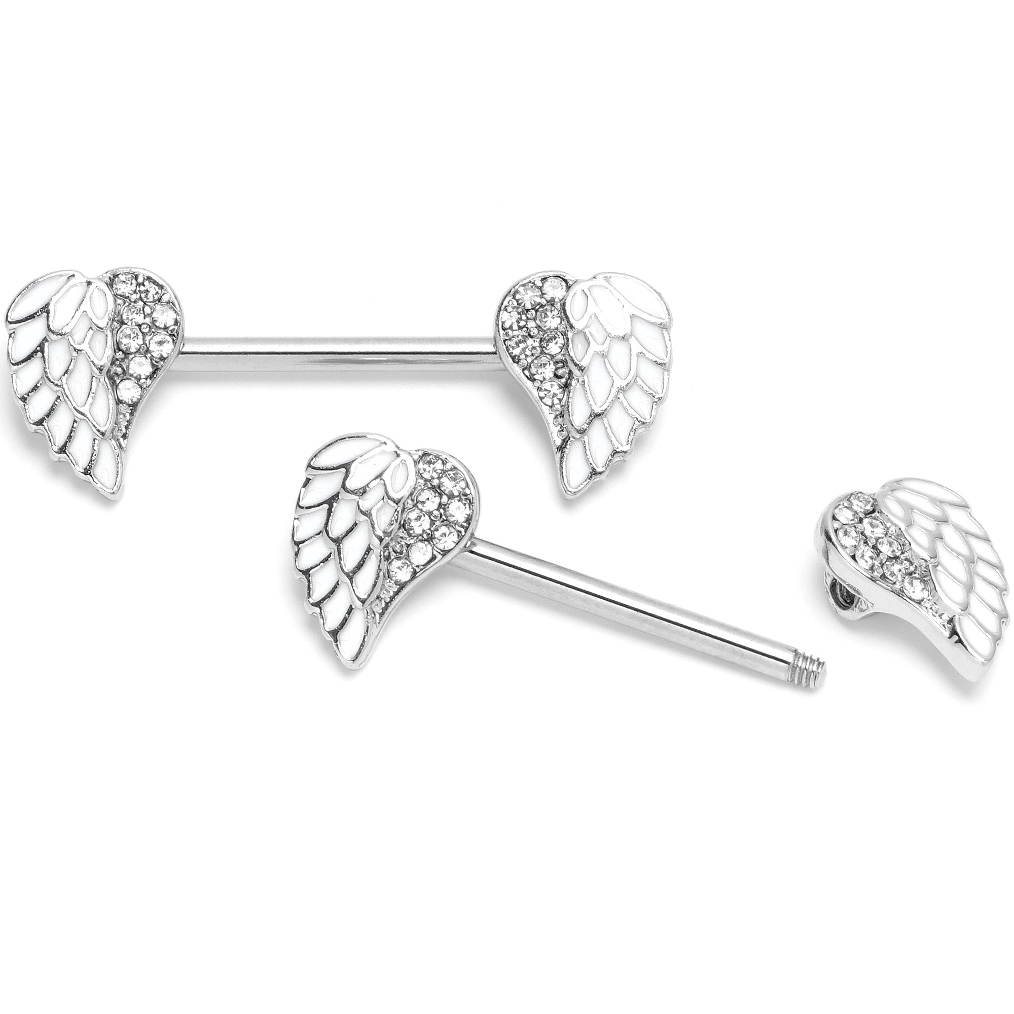 14G 9/16 White Heavenly Heart Angel Wings Barbell Nipple Ring Set