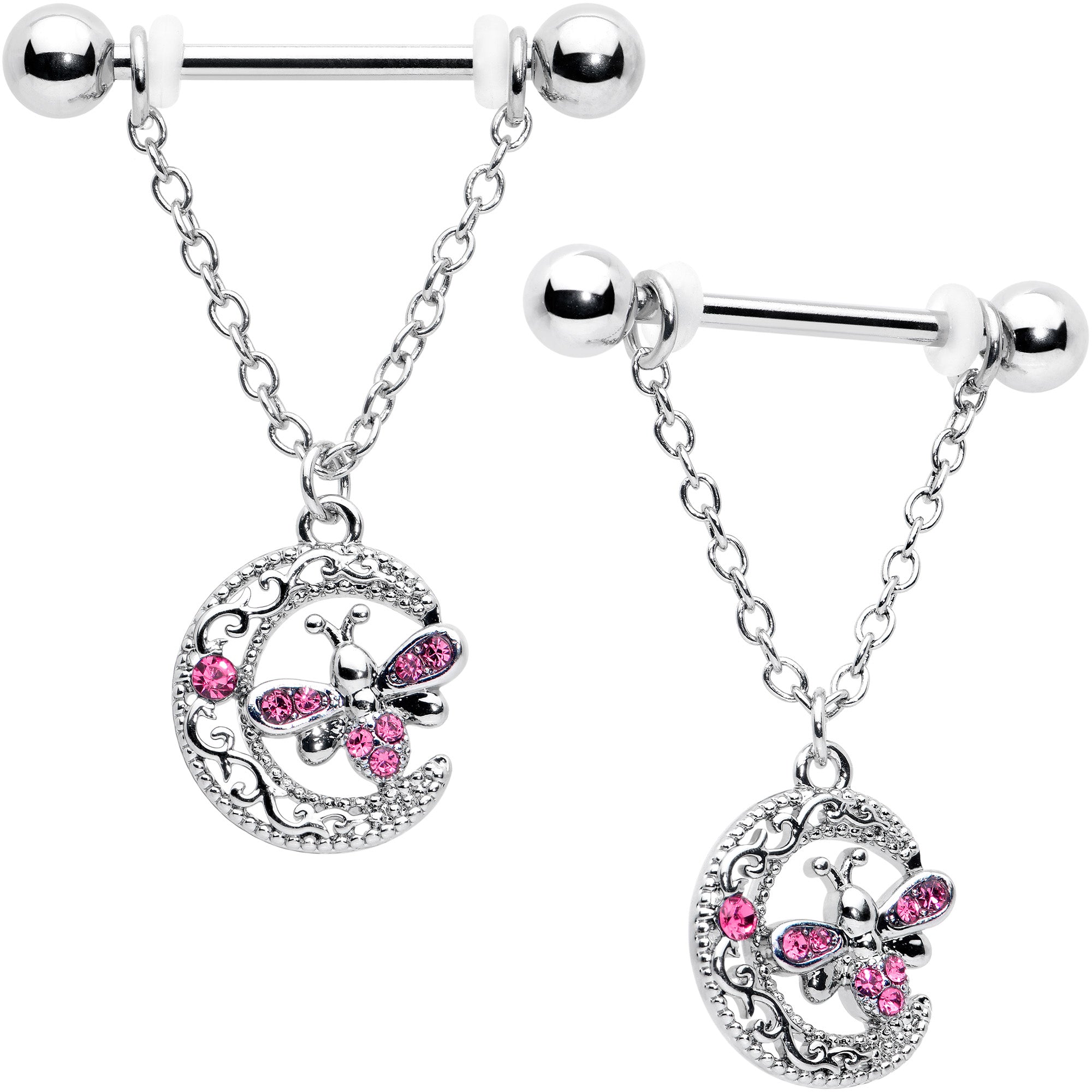 14G 9/16 Pink Gem Lunar Dragonfly Chain Dangle Nipple Ring Set