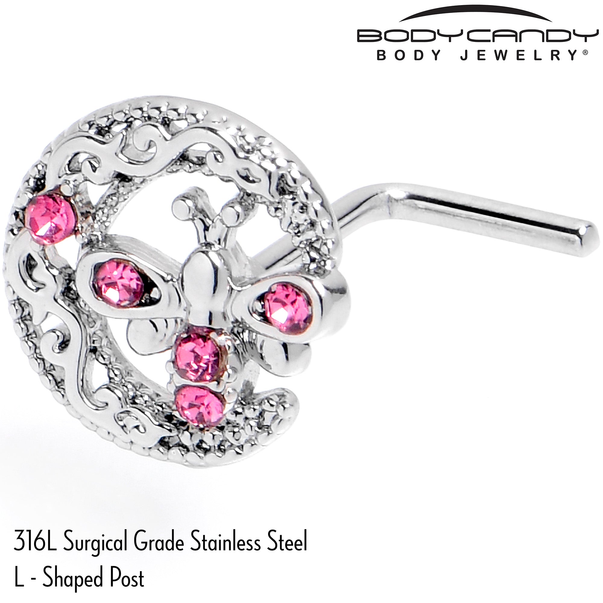 20G 7mm Pink Gem Lunar Dragonfly L Shape Nose Ring