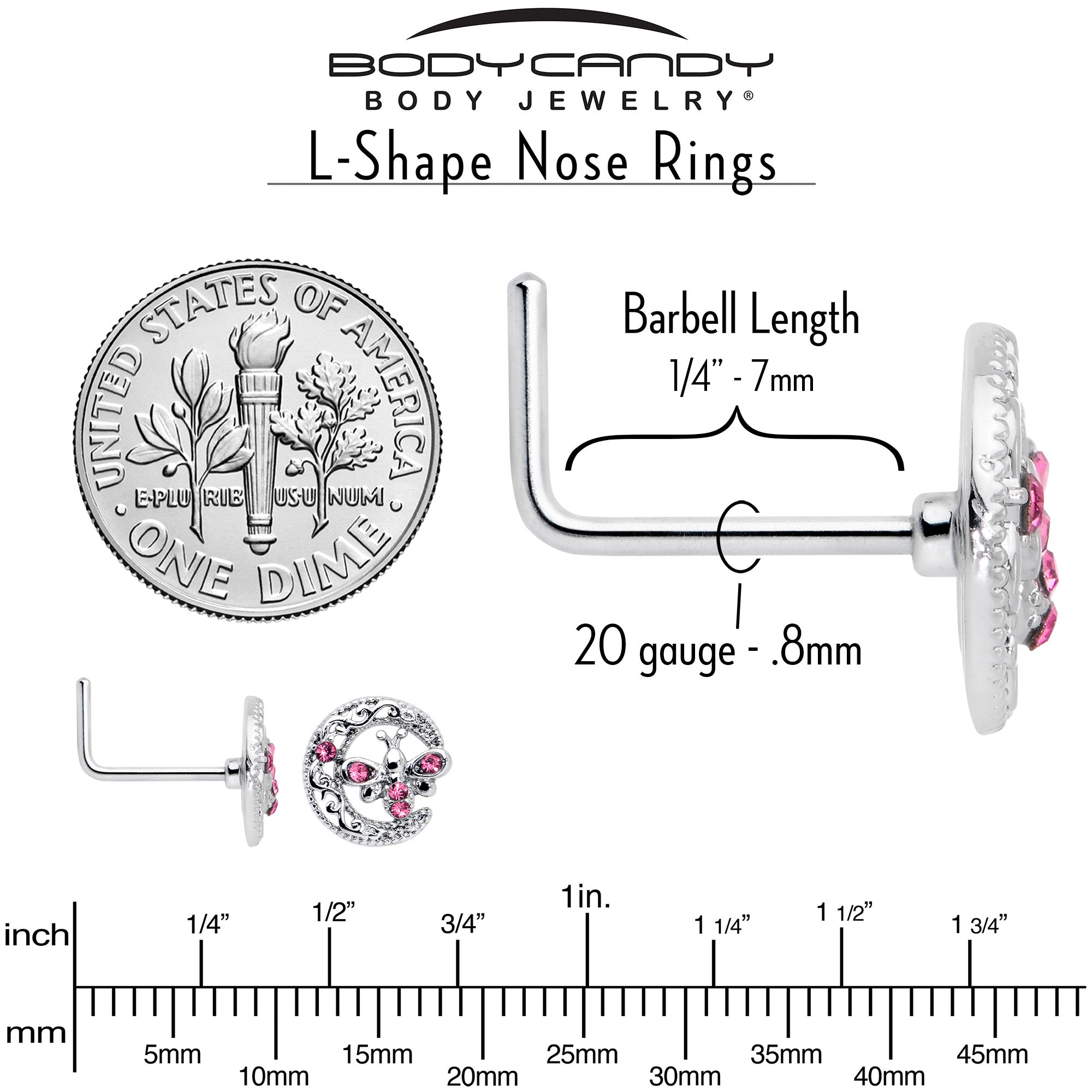 20G 7mm Pink Gem Lunar Dragonfly L Shape Nose Ring