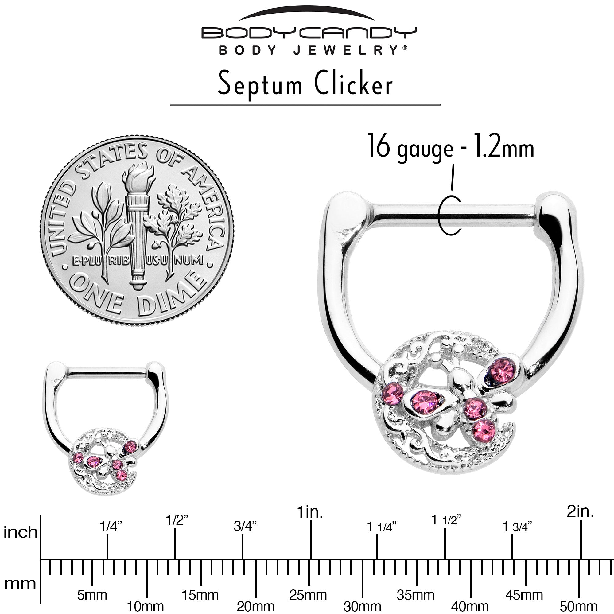 16G 5/16 Pink Gem Lunar Dragonfly Cartilage Clicker