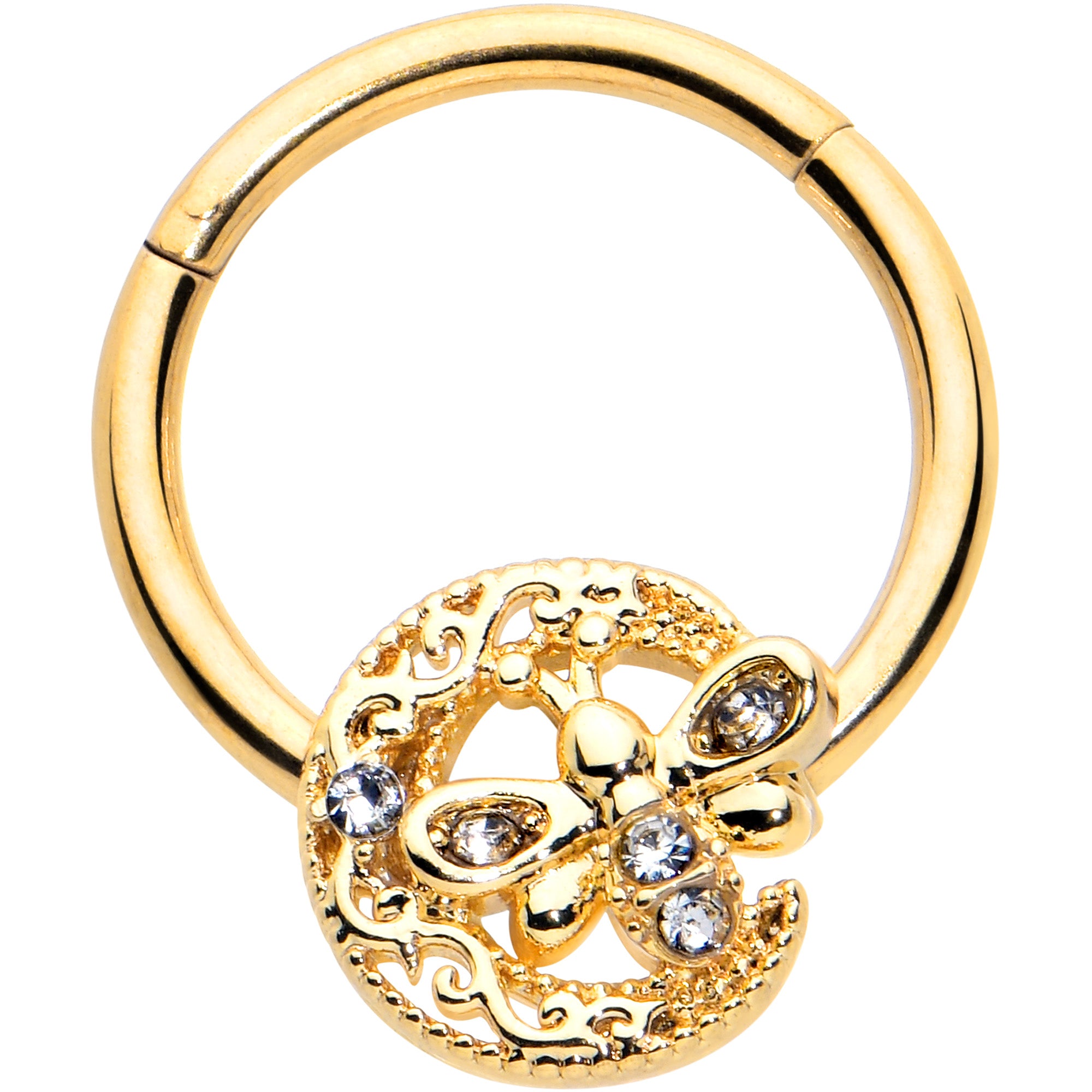 16G 3/8 Clear Gem Gold Tone Lunar Dragonfly Hinged Segment Ring