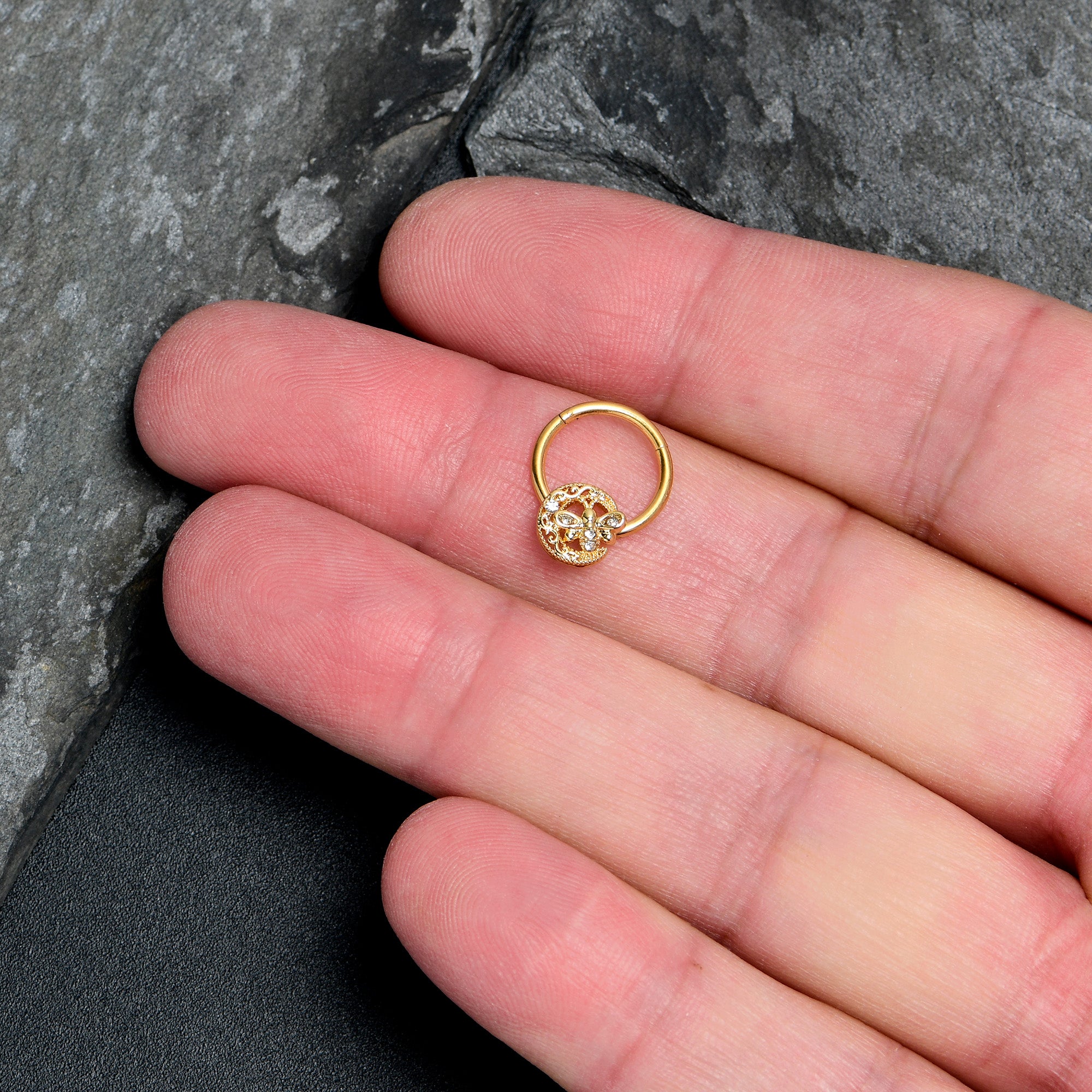 16G 3/8 Clear Gem Gold Tone Lunar Dragonfly Hinged Segment Ring