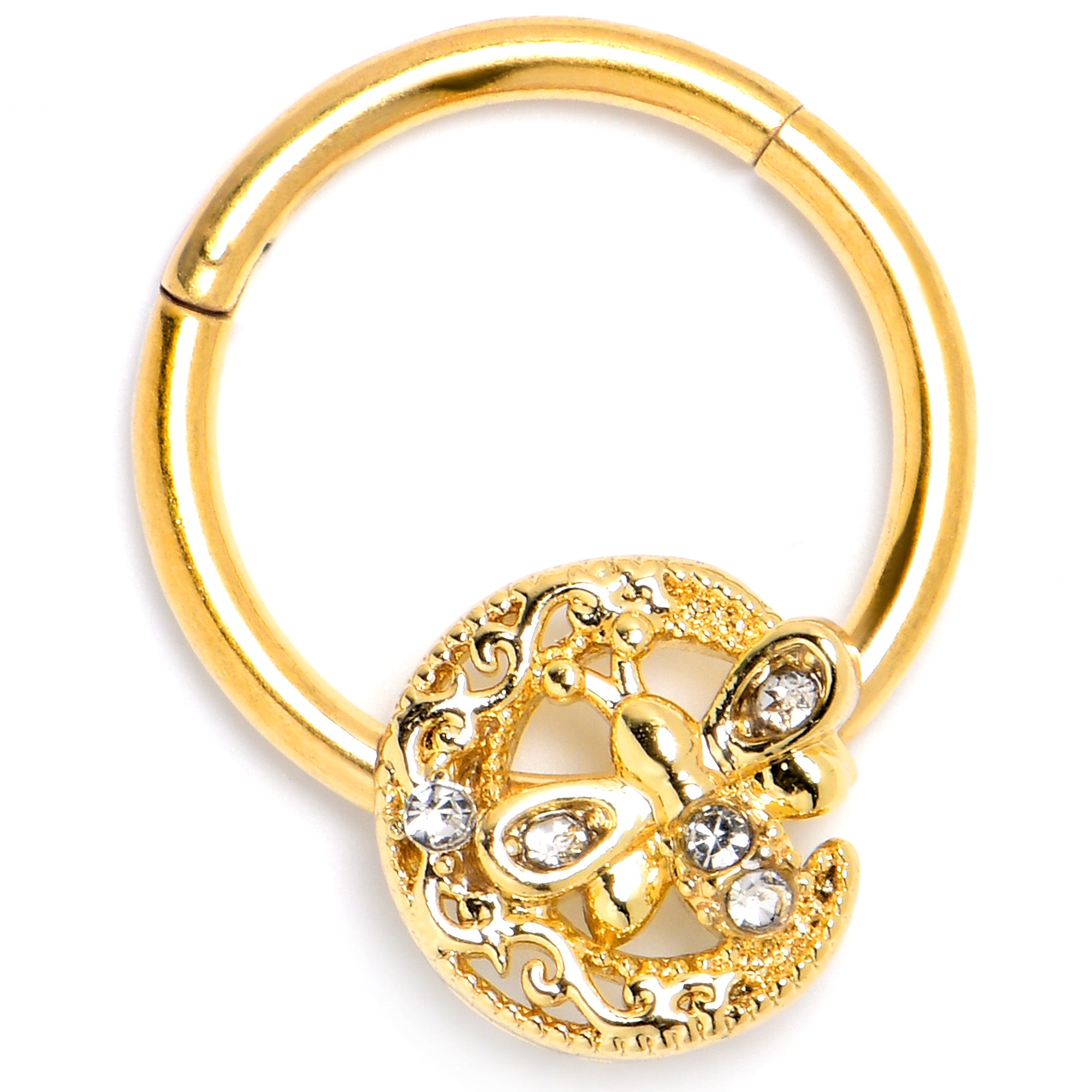 16G 3/8 Clear Gem Gold Tone Lunar Dragonfly Hinged Segment Ring