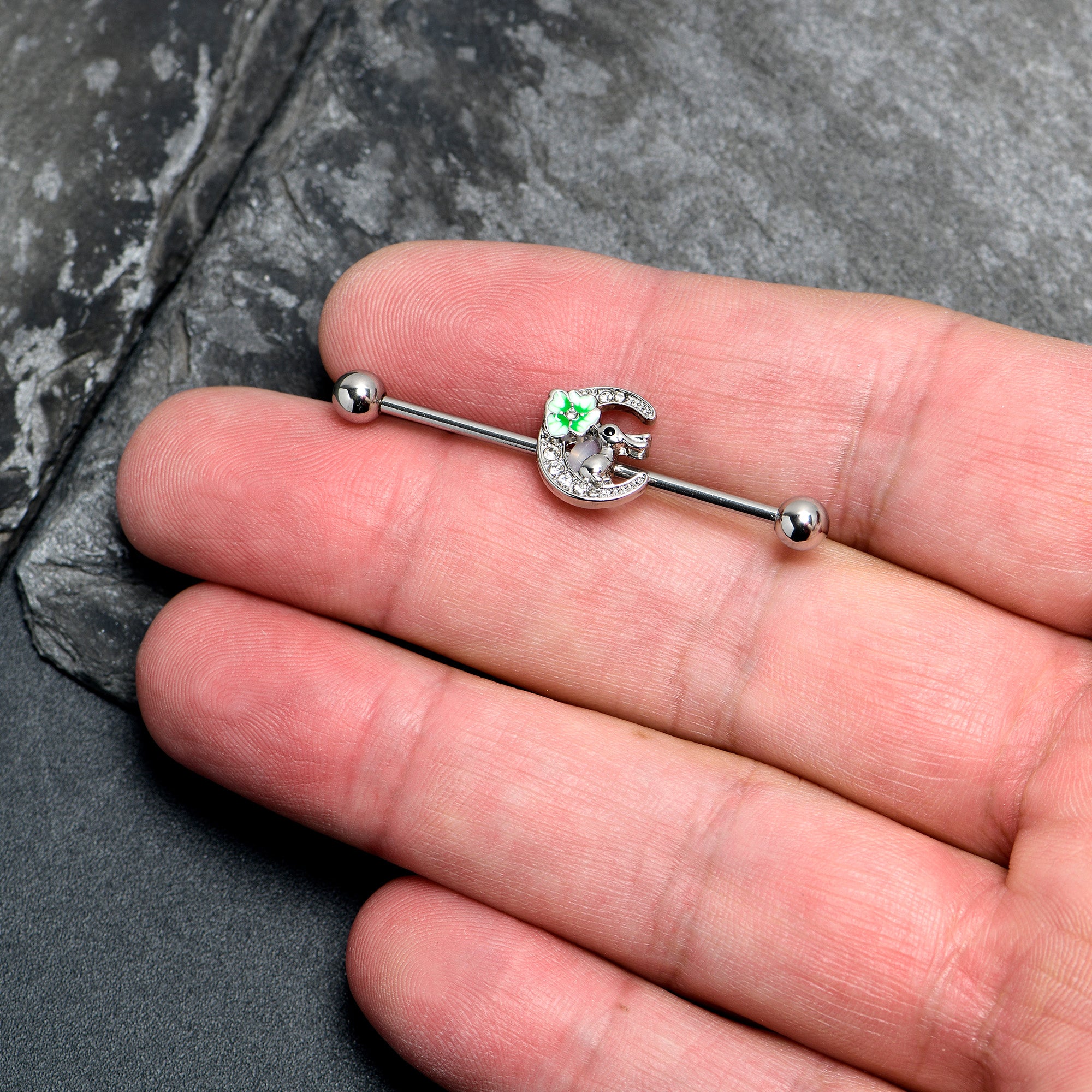 14G Clear Gem Rabbit On Moon Flower Industrial Barbell 38mm