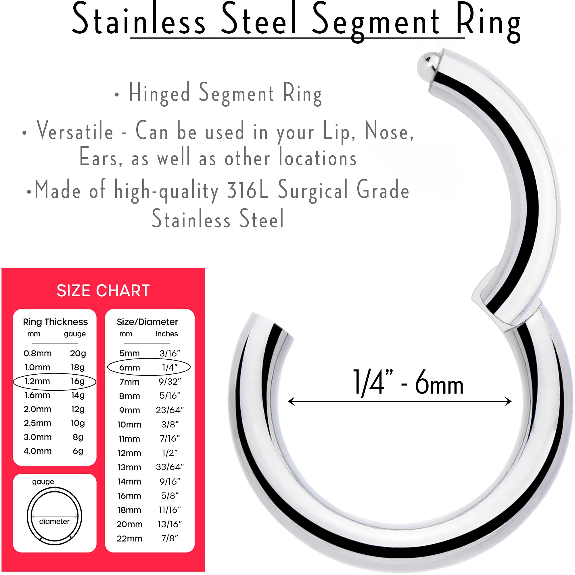 16G 1/4 316L Surgical Steel Precision Hinged Segment Hoop