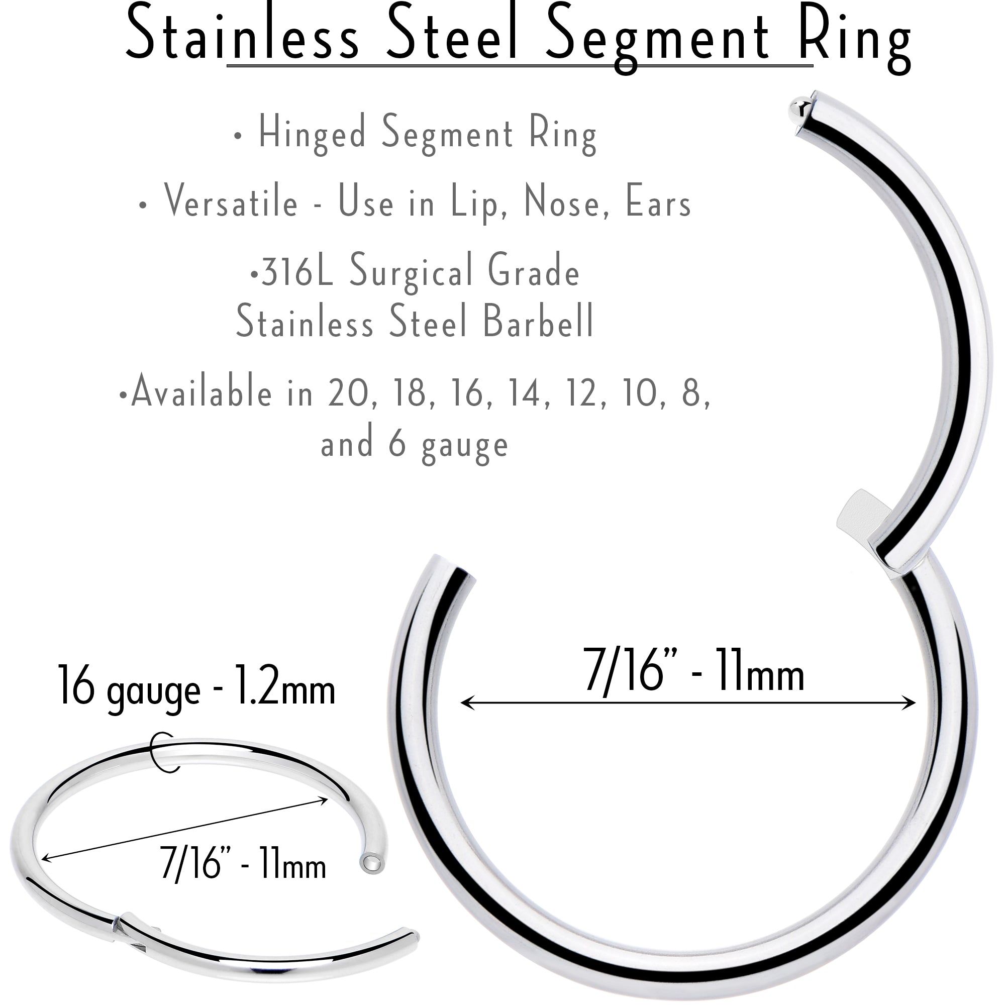 16G 7/16 316L Surgical Steel Precision Hinged Segment Hoop