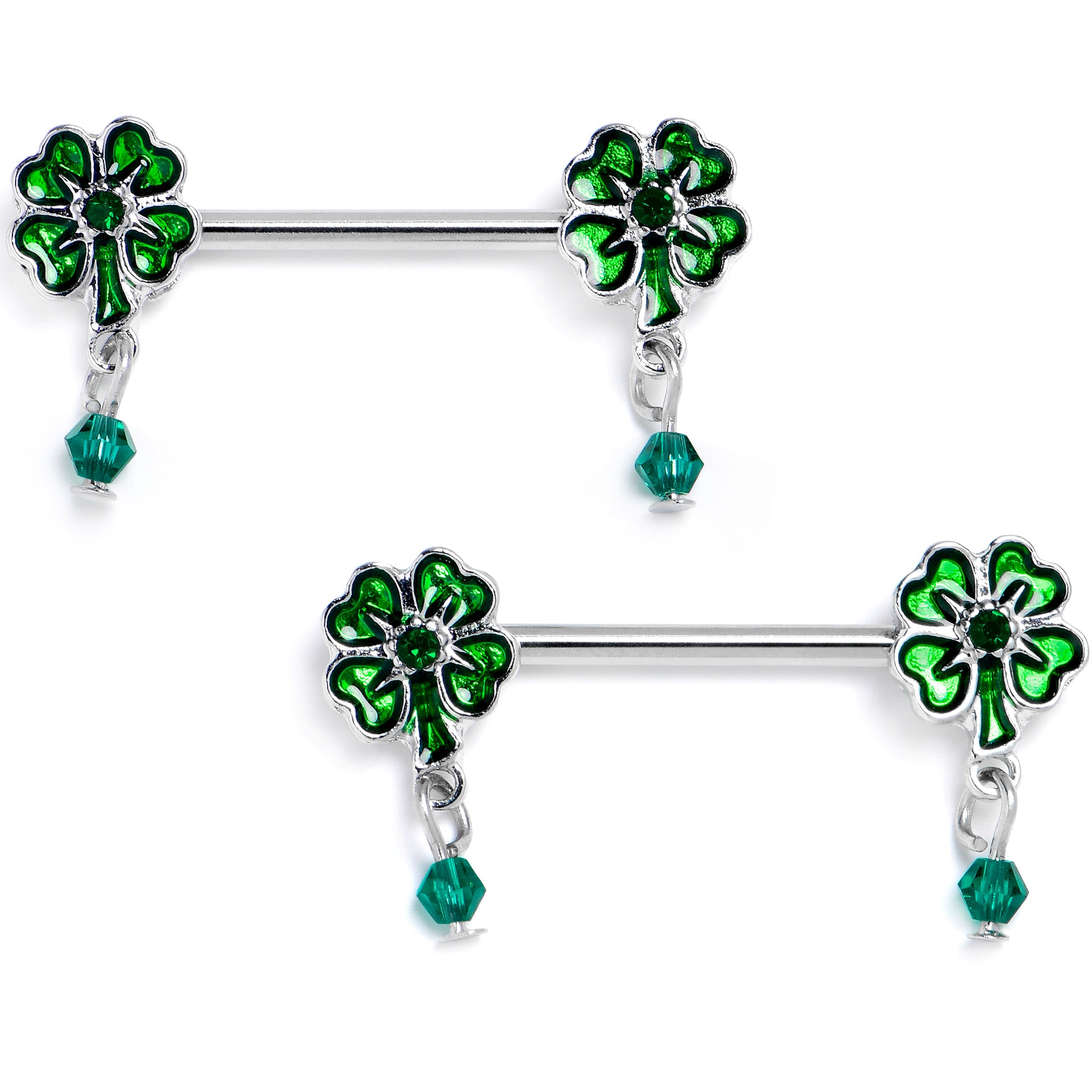 14G 9/16 Green Gem Shamrock Glam St Patricks Dangle Nipple Ring Set