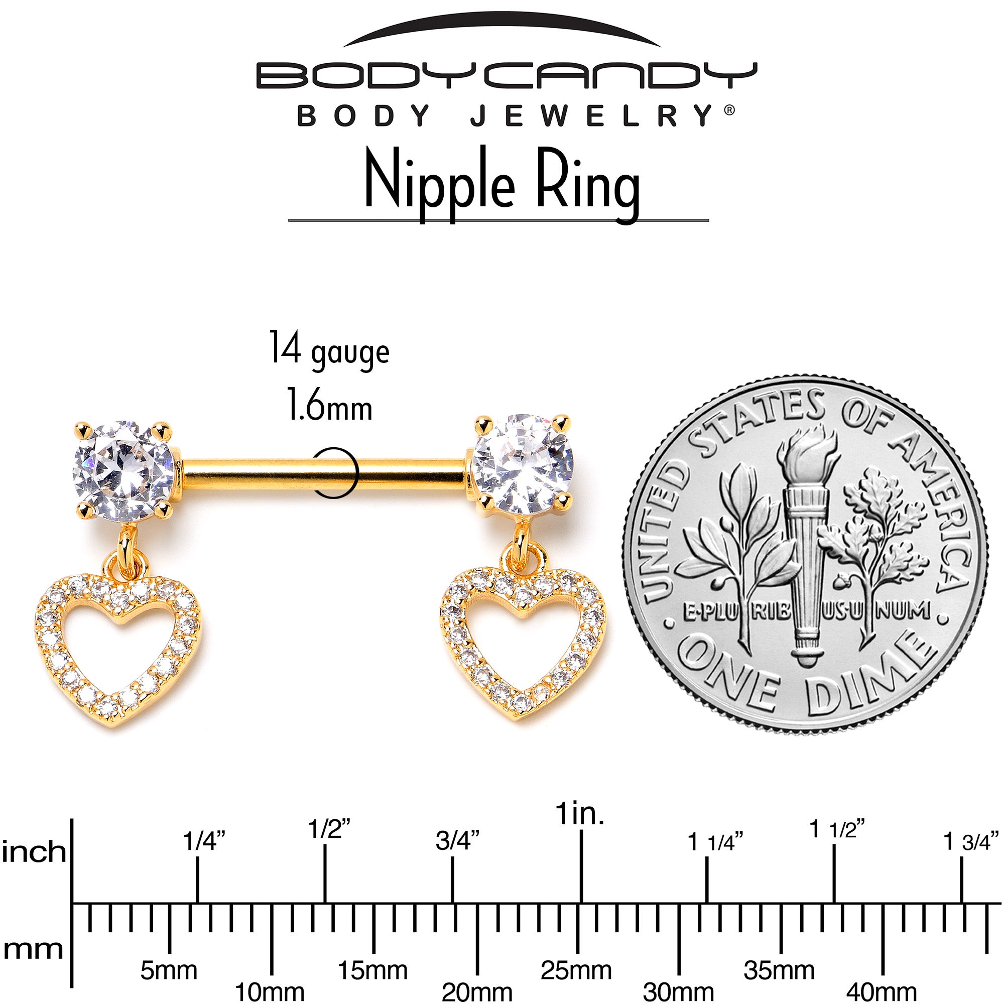 14 Gauge 9/16 Clear CZ Gem Gold Tone Paved Heart Dangle Nipple Ring Set