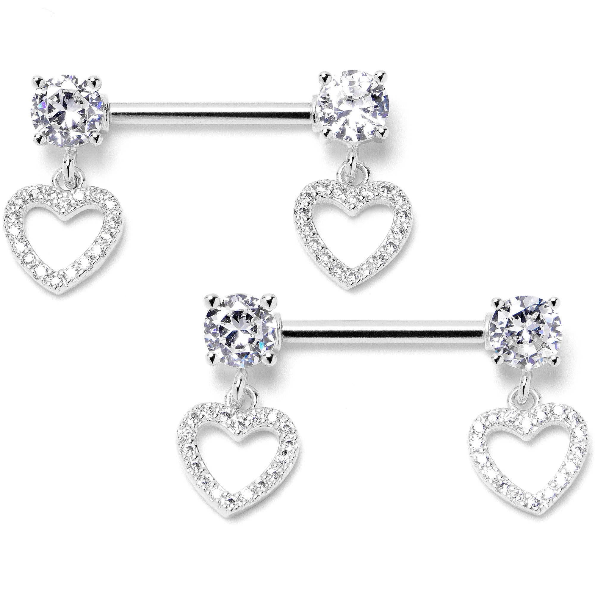 14G 9/16 Clear CZ Gem Paved Heart Dangle Nipple Ring Set