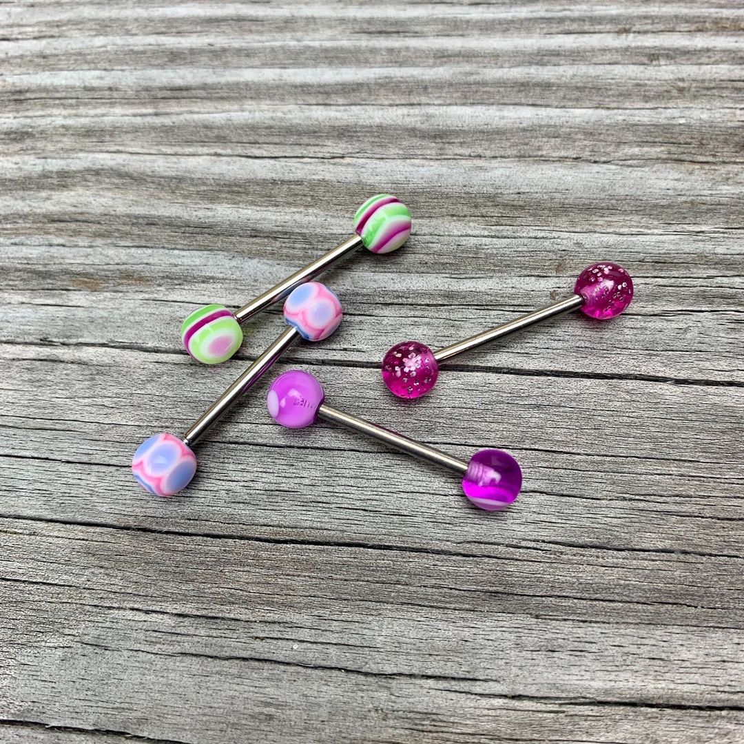 Pink Glitter Acrylic Ball Barbell Tongue Ring