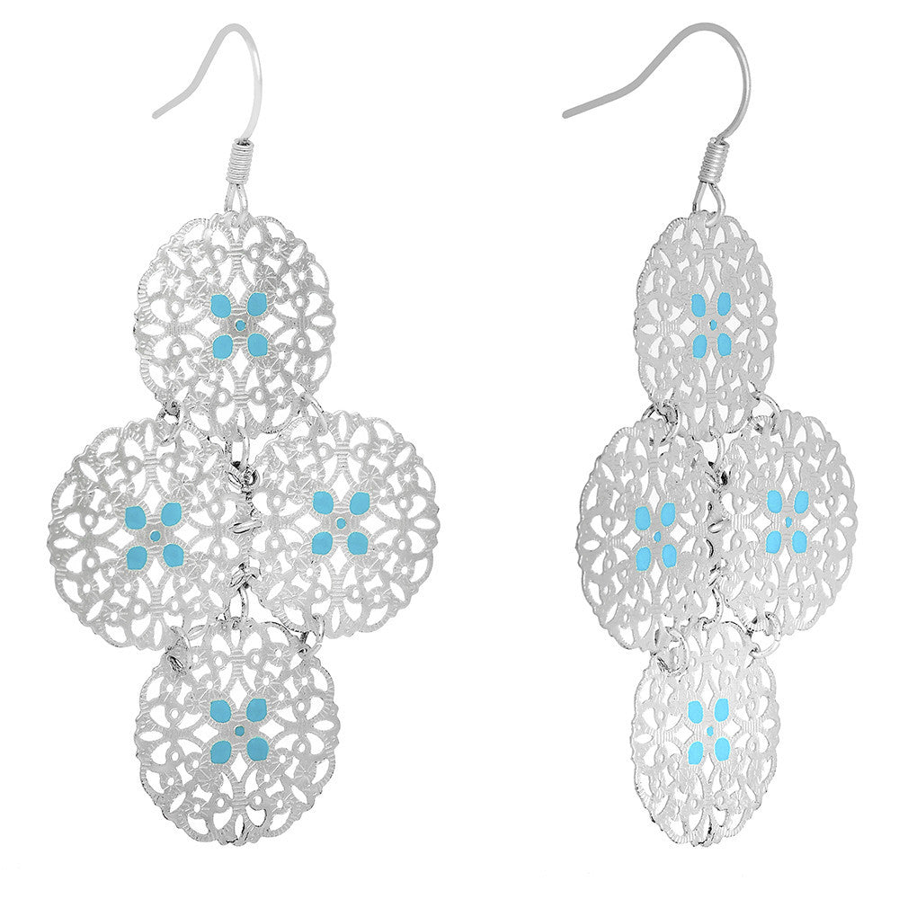 Silver Turquoise Color Round Filigree Dangle Earrings