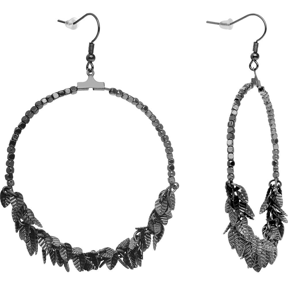 Hematite Tone Leaf Cluster Hoop Earrings