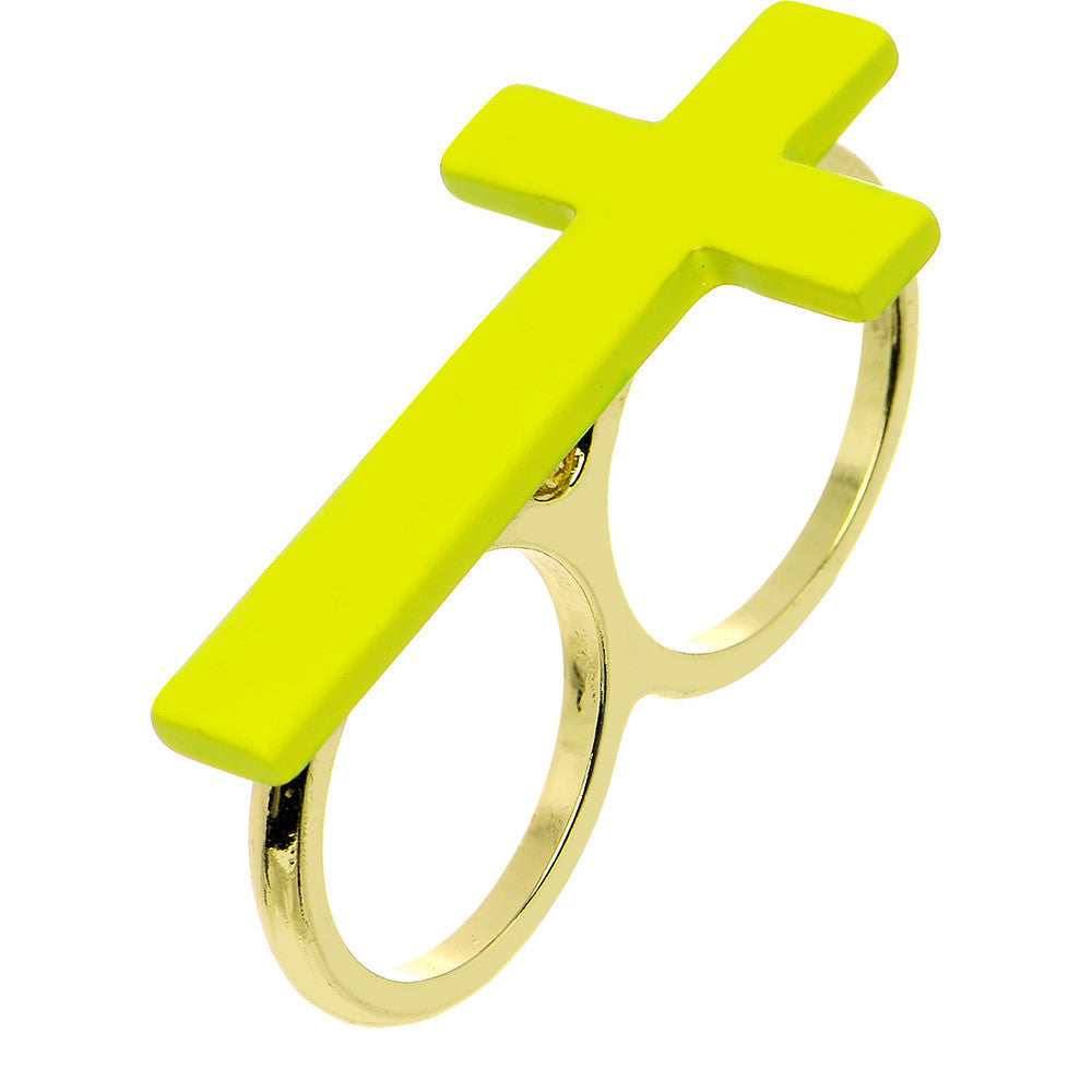 Light Yellow Neon Cross Double Finger Ring