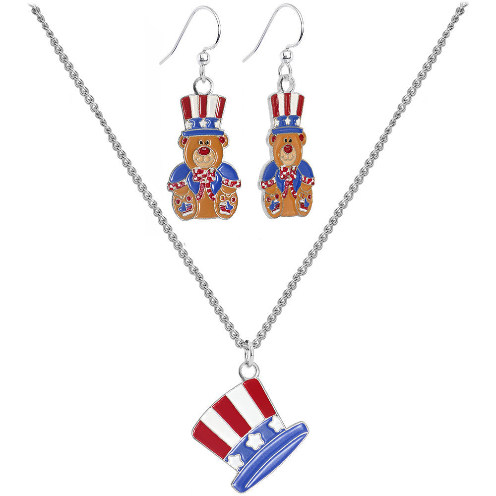 Patriotic Uncle Sam Teddy Bear Earring and Necklace Set