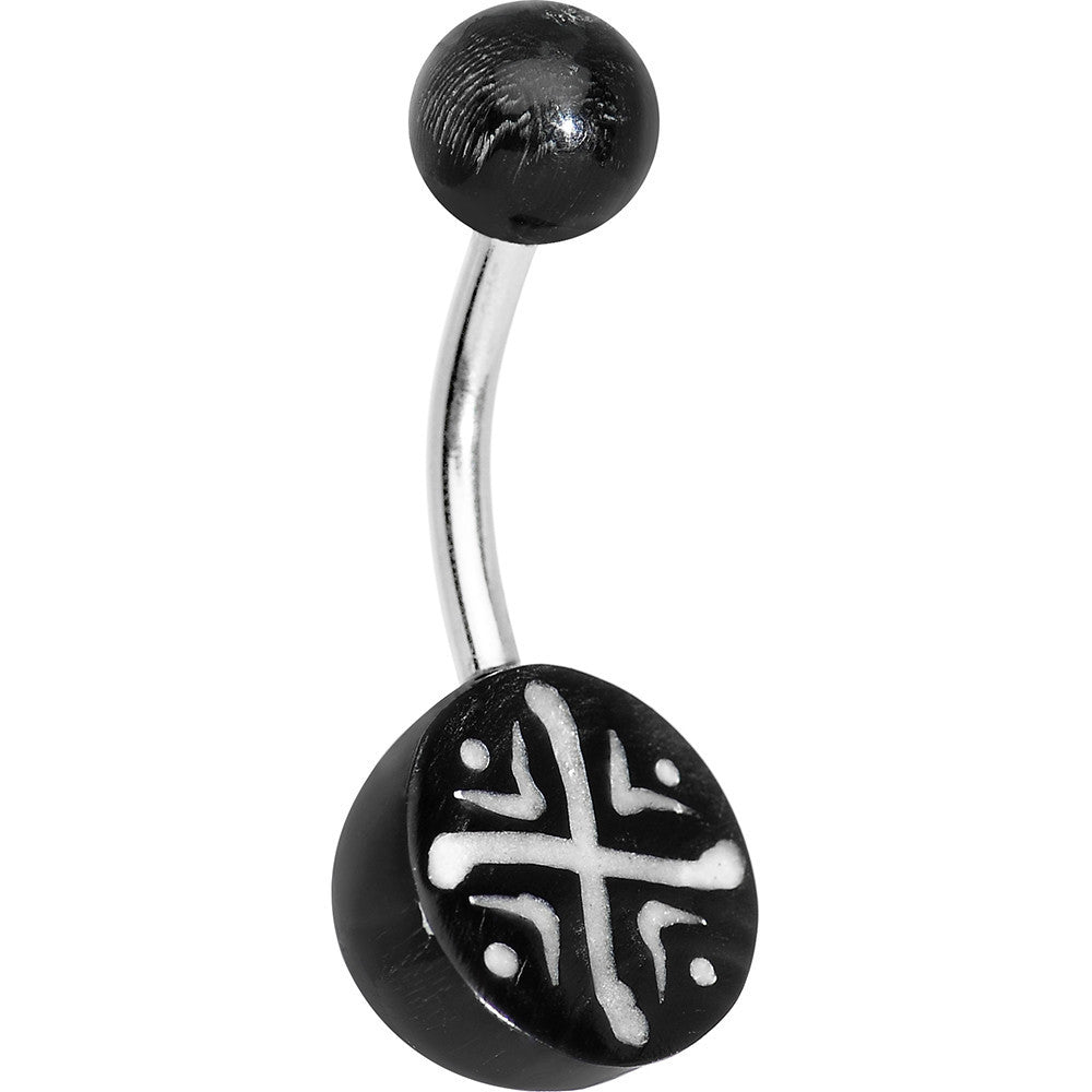 Cream on Black Acrylic Tribal Cross Belly Ring