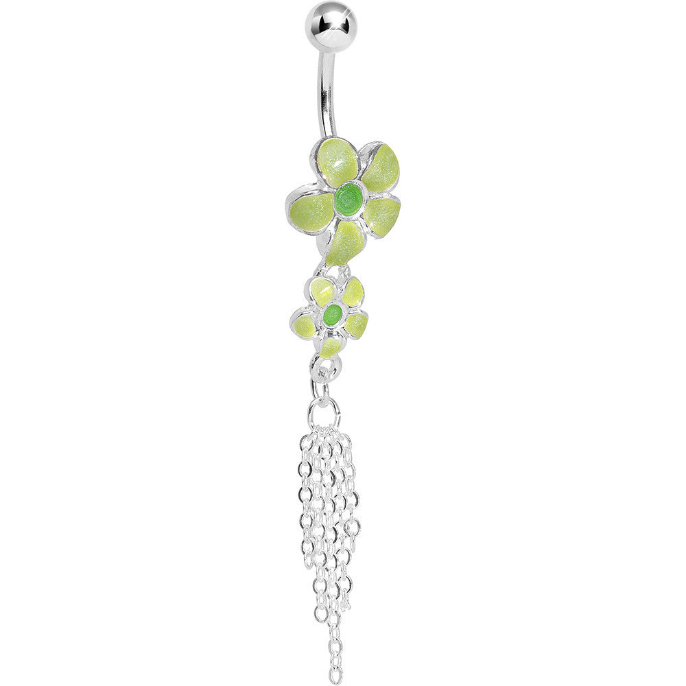 Silver Chains and Double Green Flower Dangle Belly Ring