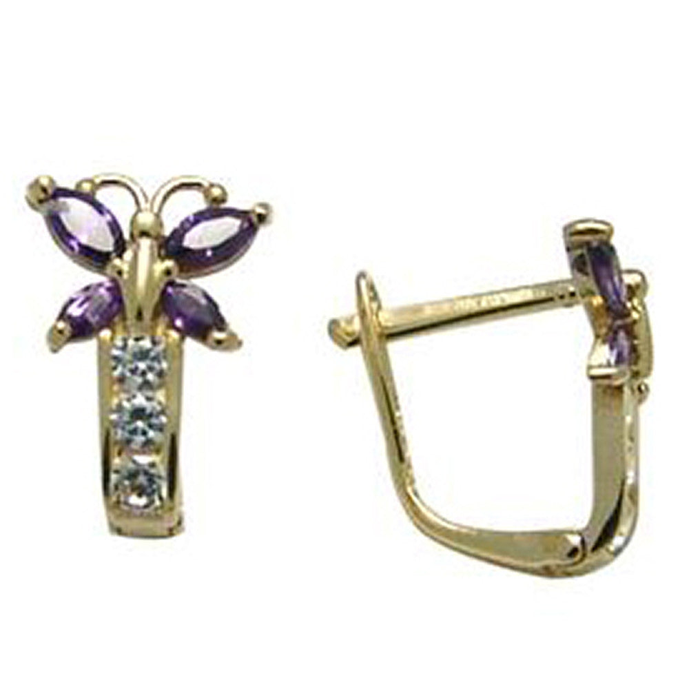 14k Yellow Gold Butterfly February Birthstone Leverback Earrings