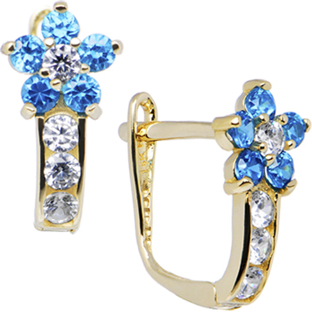 14k Yellow Gold Blue Zircon Cubic Zirconia Flower Earrings