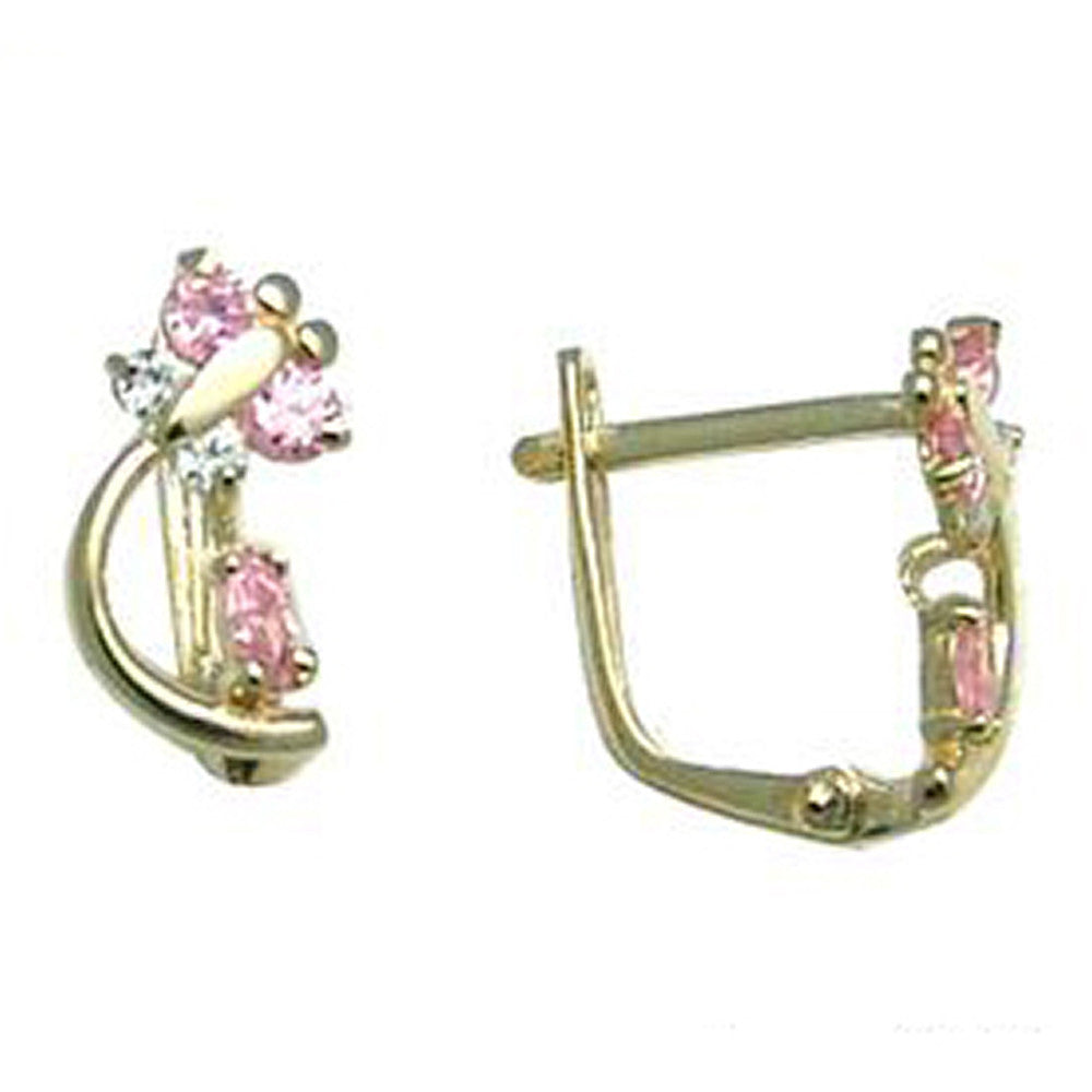 14k Yellow Gold Pink and Clear Cubic Zirconia Dragonfly Earrings