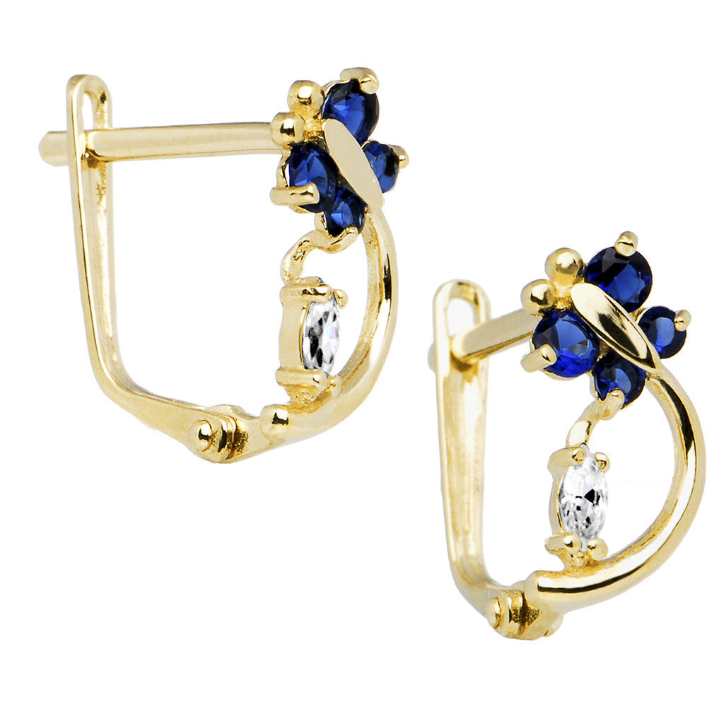14k Yellow Gold Sapphire Blue Cubic Zirconia Dragonfly Earrings