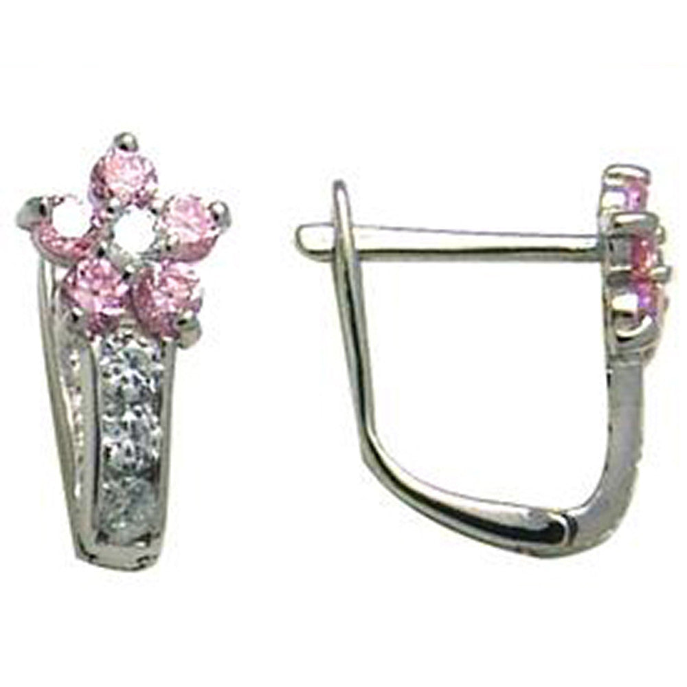 14k White Gold Pink and Clear Cubic Zirconia Flower Earrings
