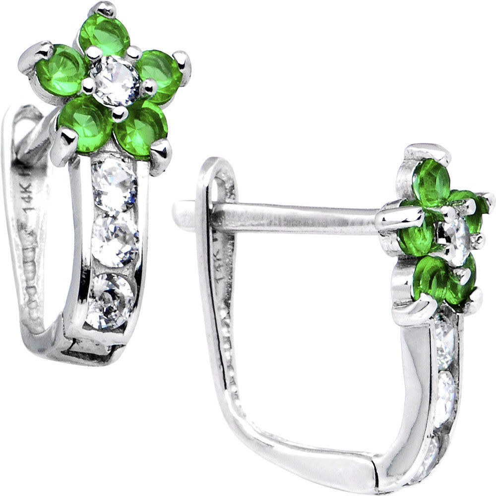 14k White Gold Emerald Green Cubic Zirconia Flower Earrings