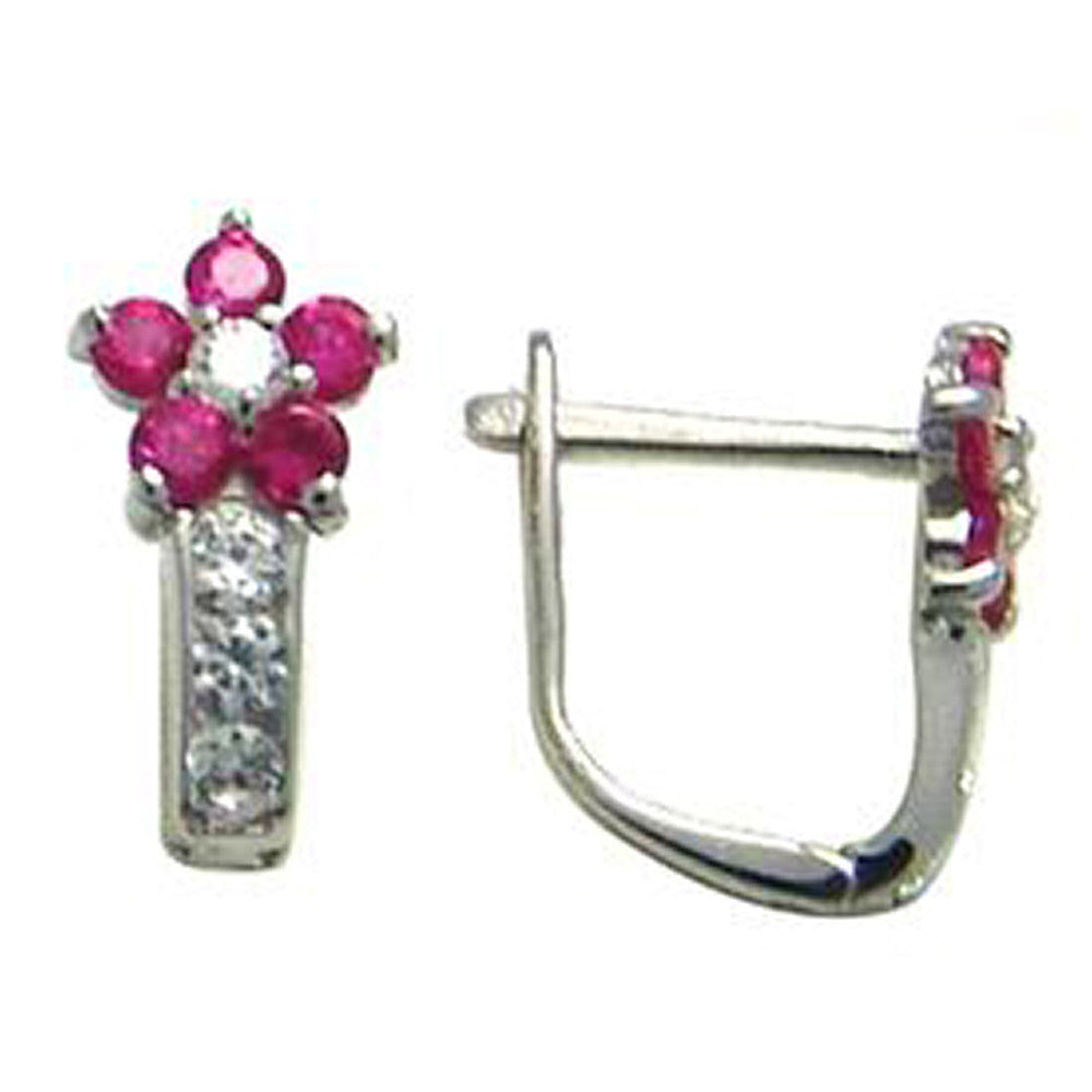 14k White Gold Dark Pink and Clear Cubic Zirconia Flower Earrings