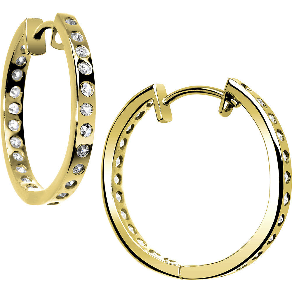 14k Yellow Gold CZ In and Out Hoop Earrings - .75 Inch