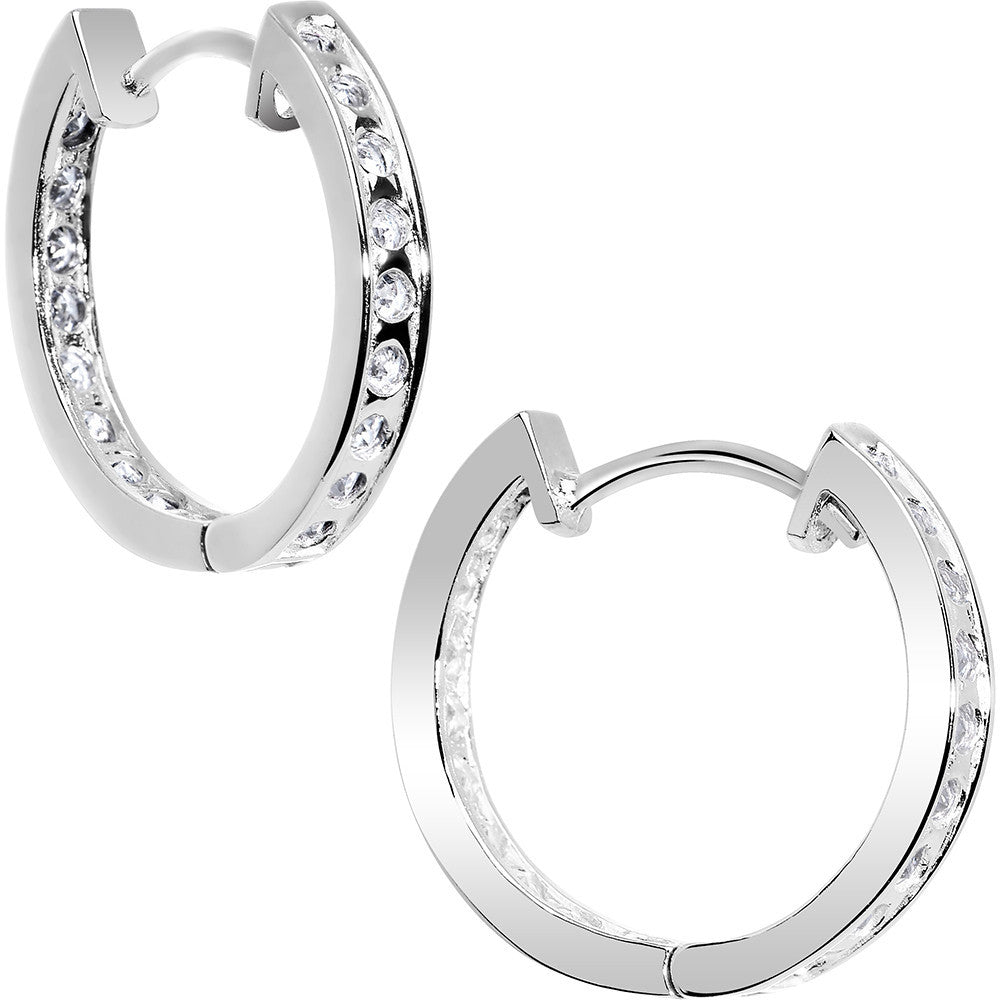 14k White Gold CZ In and Out Hoop Earrings - .50 Inch
