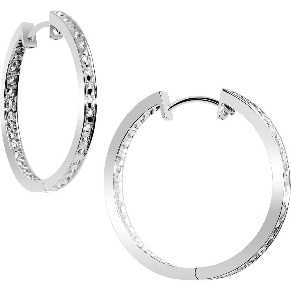 14k White Gold CZ In and Out Hoop Earrings - 1 Inch