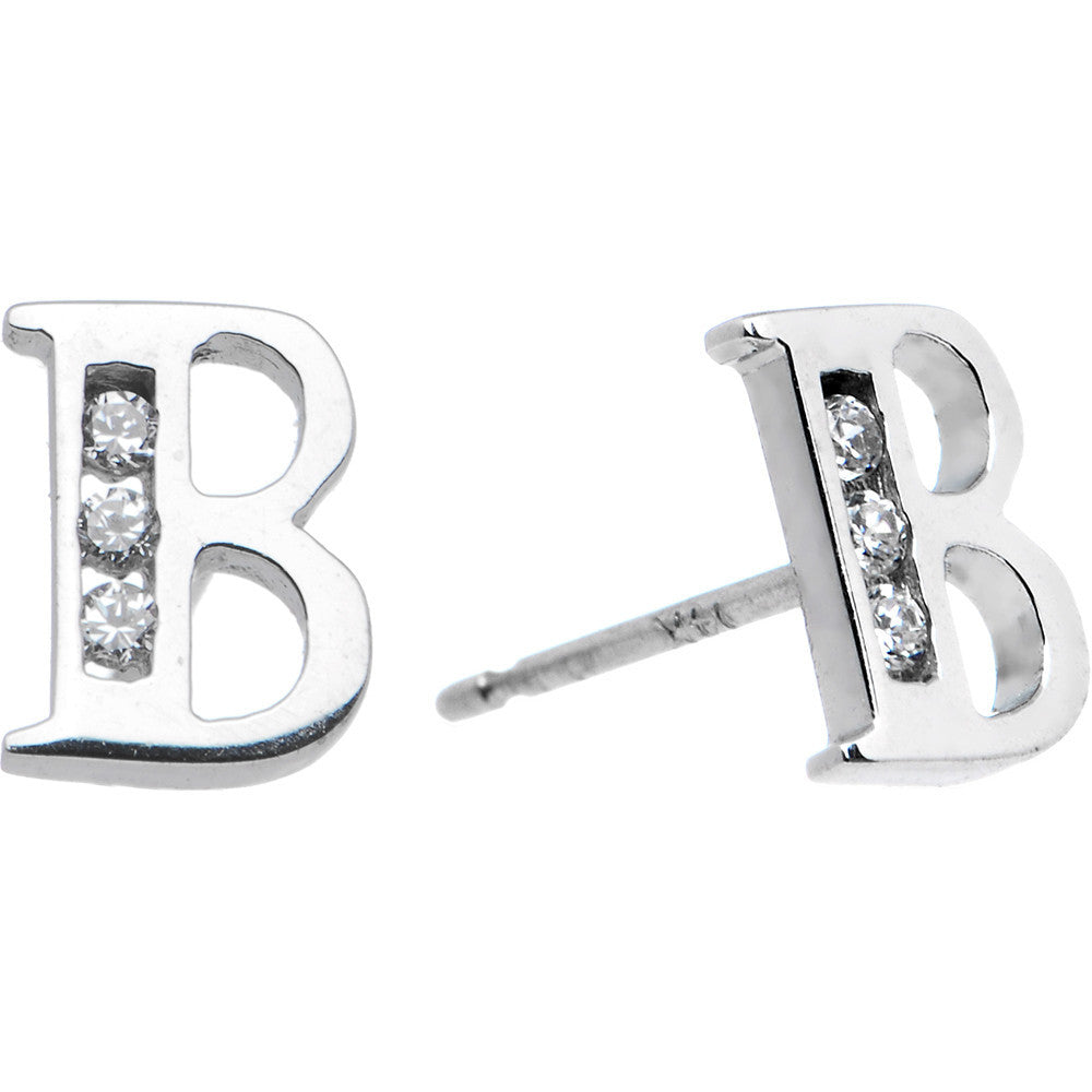 14k White Gold CZ Initial B Stud Earrings