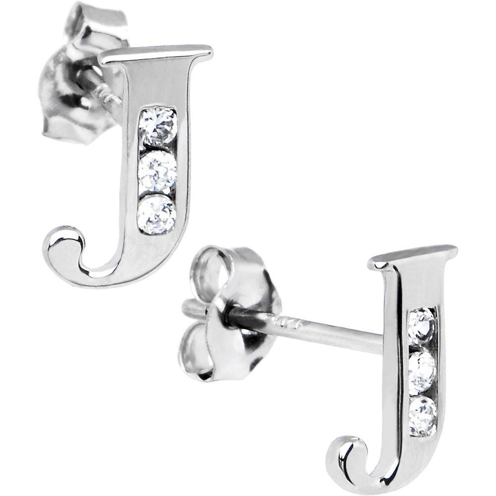 14k White Gold CZ Initial J Stud Earrings