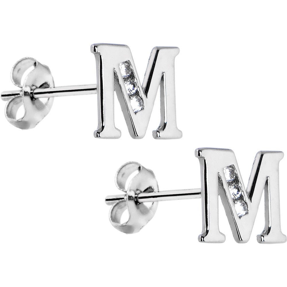 14k White Gold CZ Initial M Stud Earrings