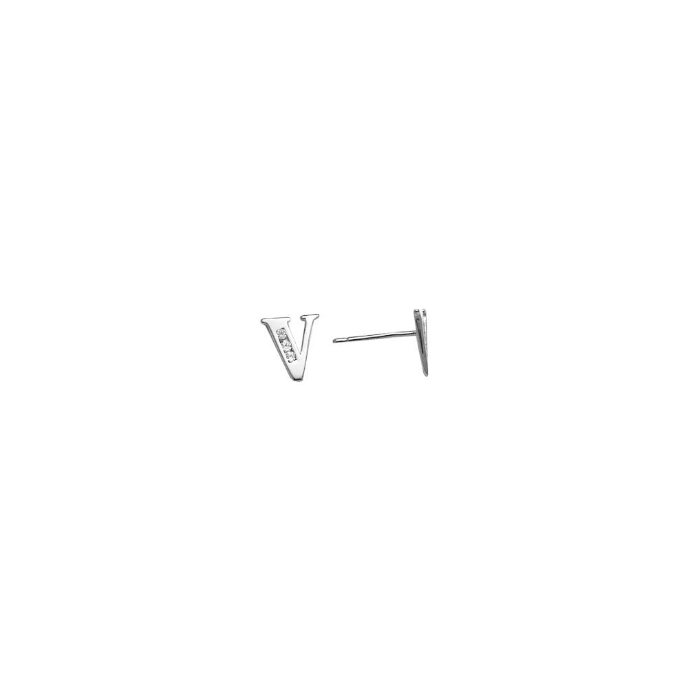 14k White Gold CZ Initial V Stud Earrings