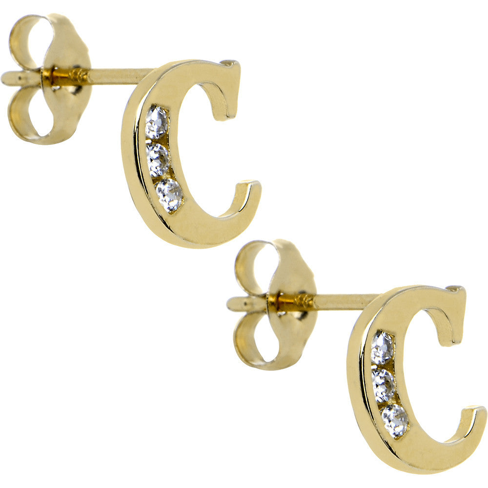 14k Yellow Gold CZ Initial C Stud Earrings