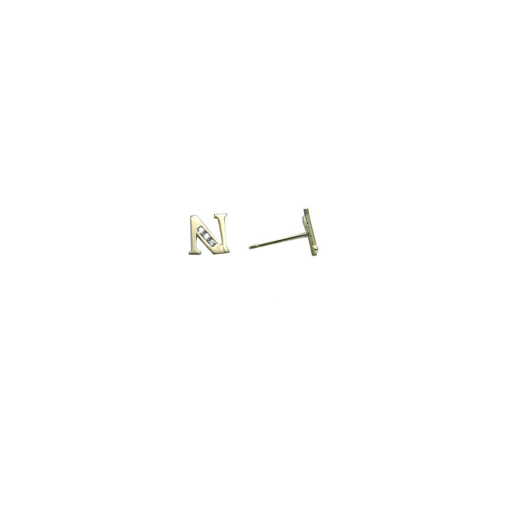 14k Yellow Gold CZ Initial N Stud Earrings