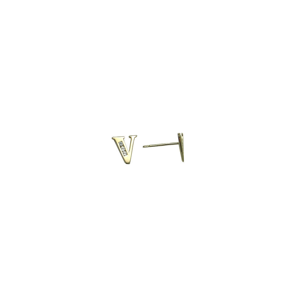 14k Yellow Gold CZ Initial V Stud Earrings