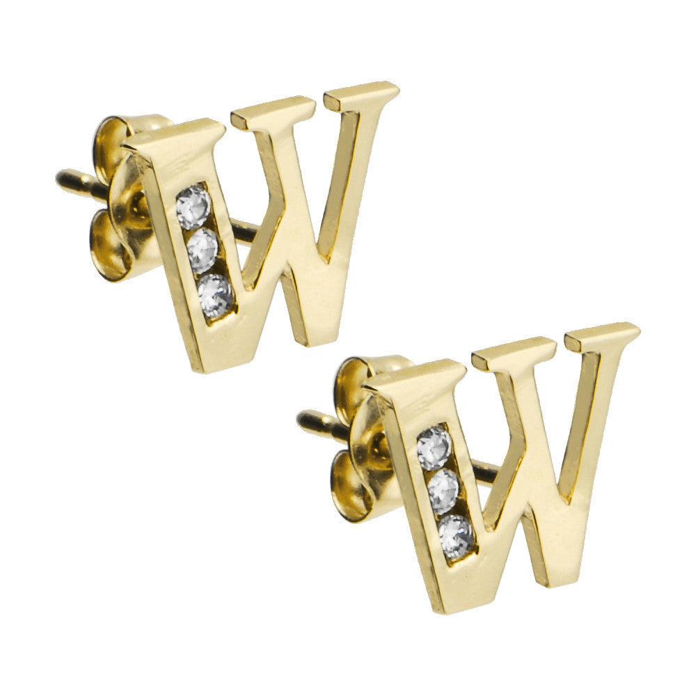 14k Yellow Gold CZ Initial W Stud Earrings