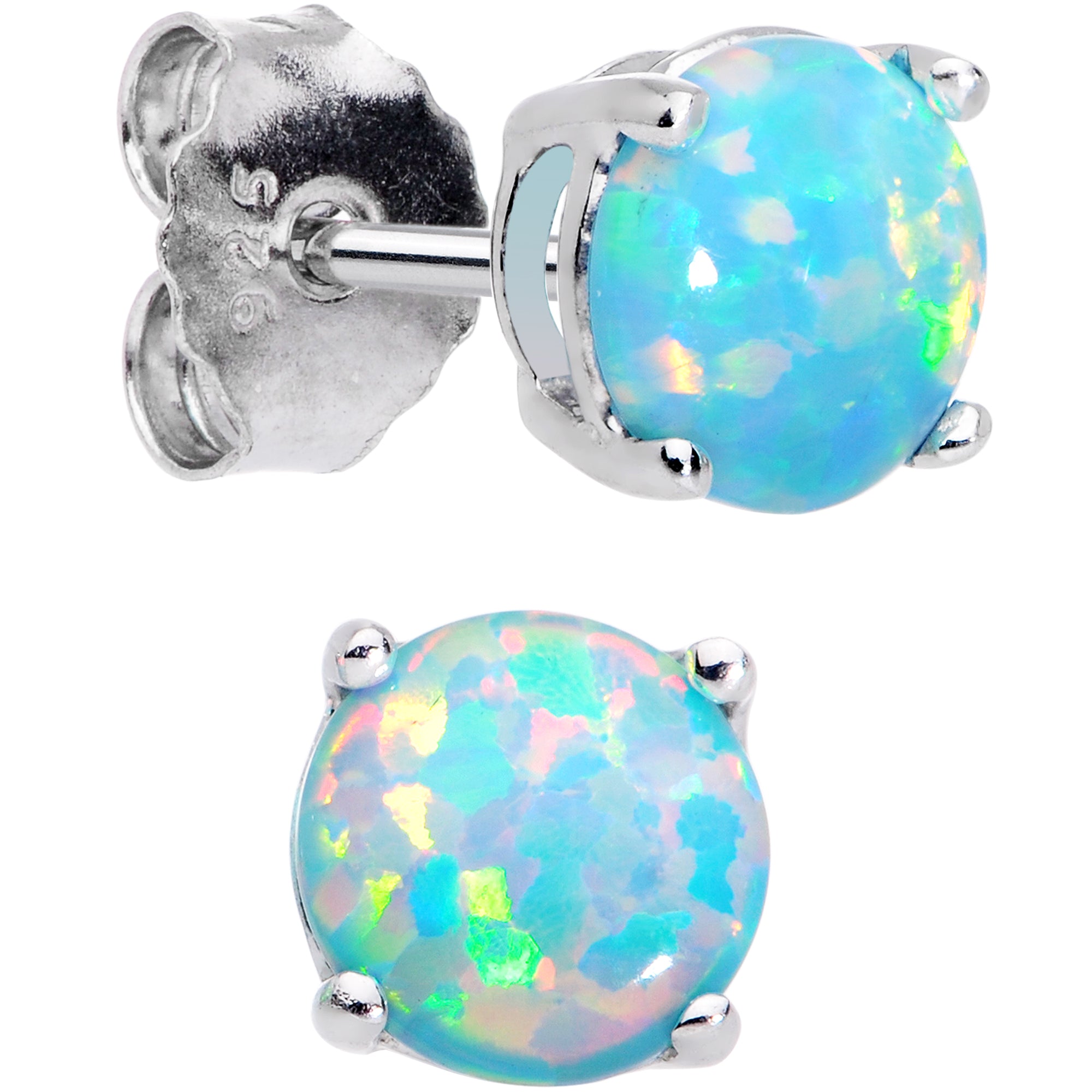 6mm Teal Round Sterling Silver Synthetic Opal Stud Earrings
