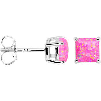 6mm Pink Square Sterling Silver Synthetic Opal Stud Earrings