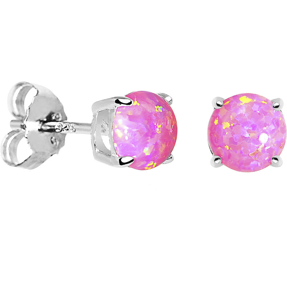 6mm Pink Round Sterling Silver Synthetic Opal Stud Earrings