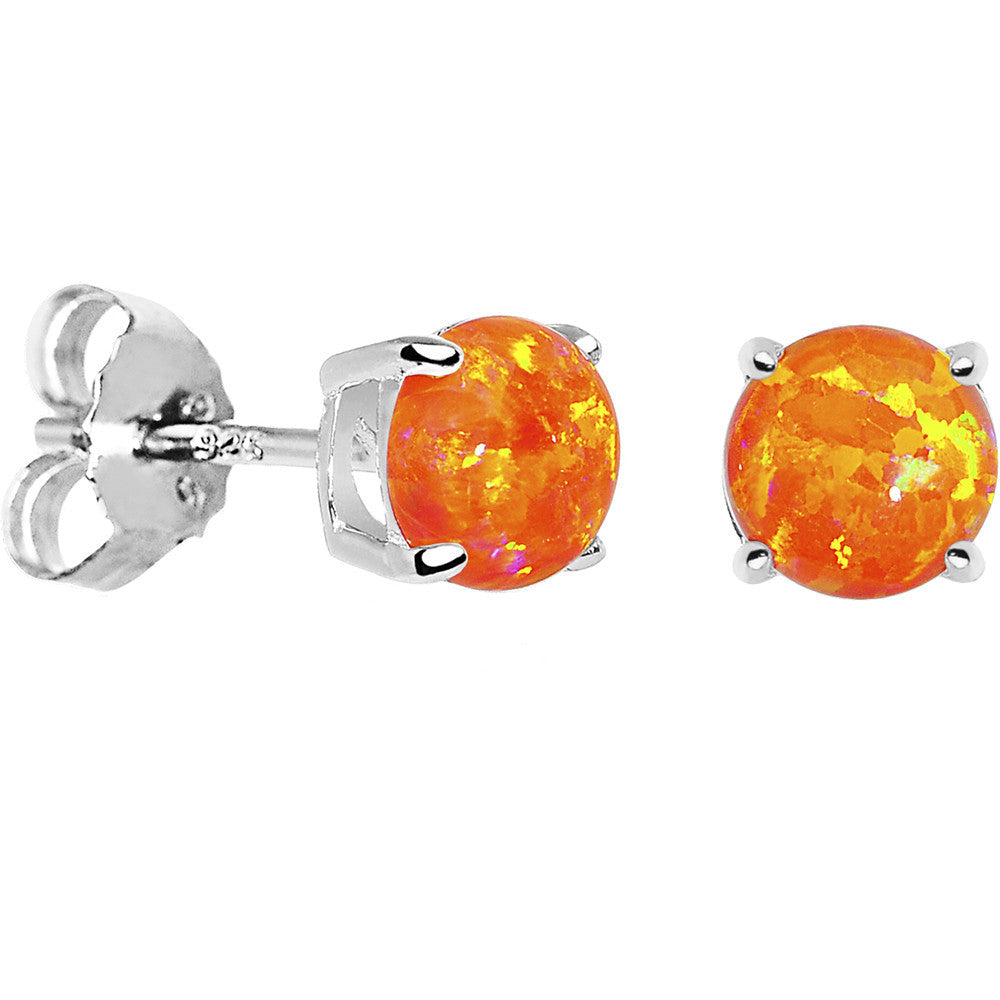 6mm Orange Round Sterling Silver Synthetic Opal Stud Earrings