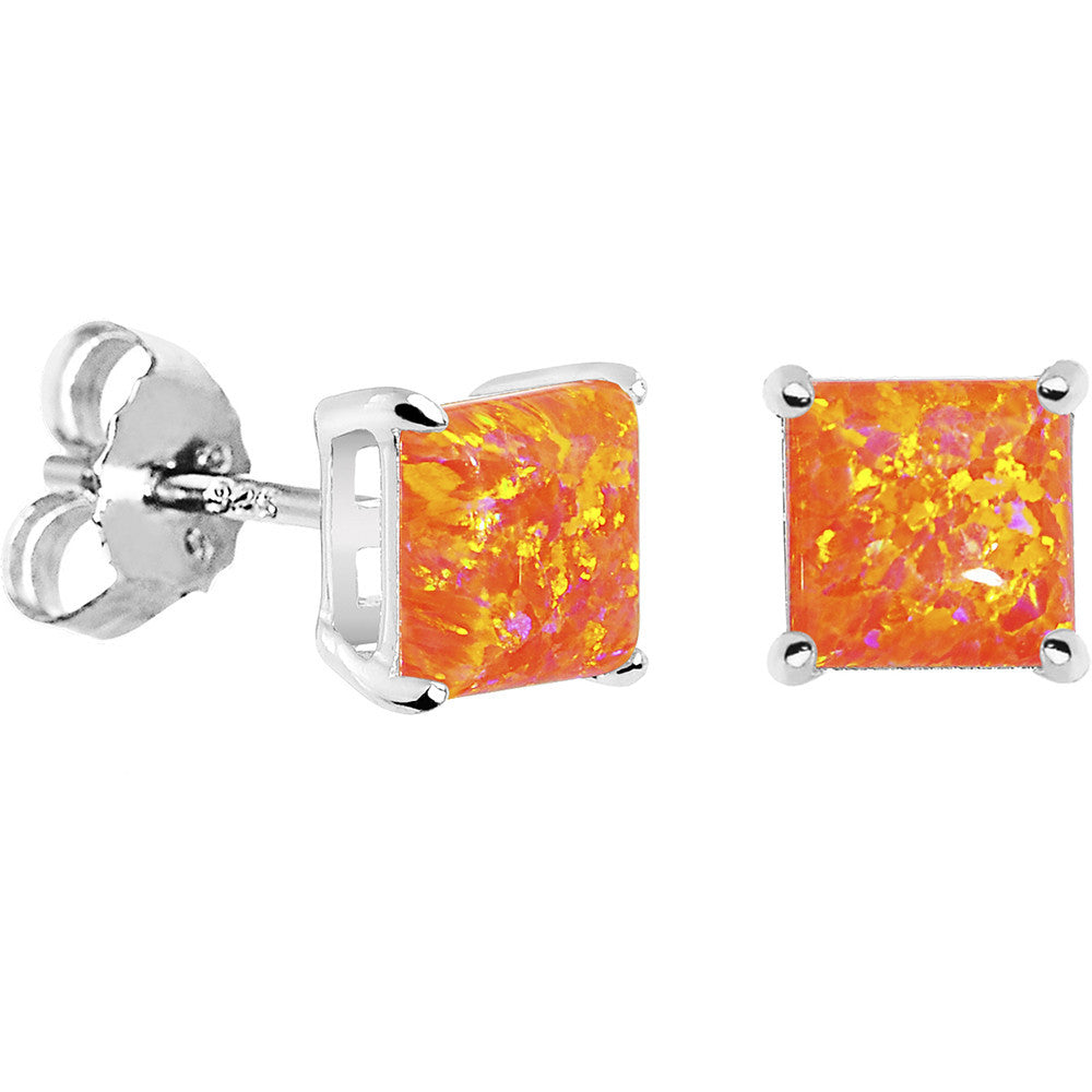 6mm Orange Square Sterling Silver Synthetic Opal Stud Earrings