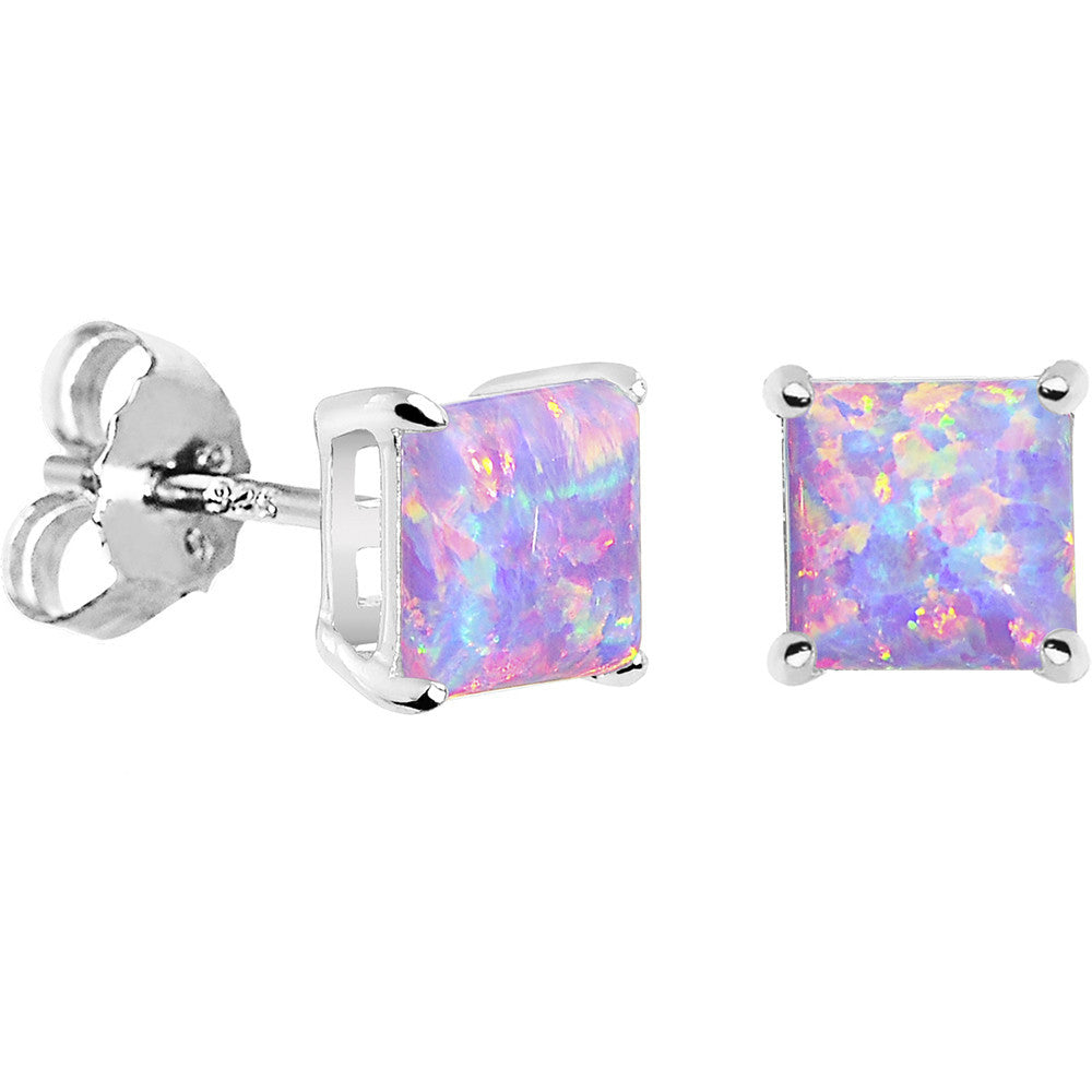6mm Multi Square Sterling Silver Synthetic Opal Stud Earrings