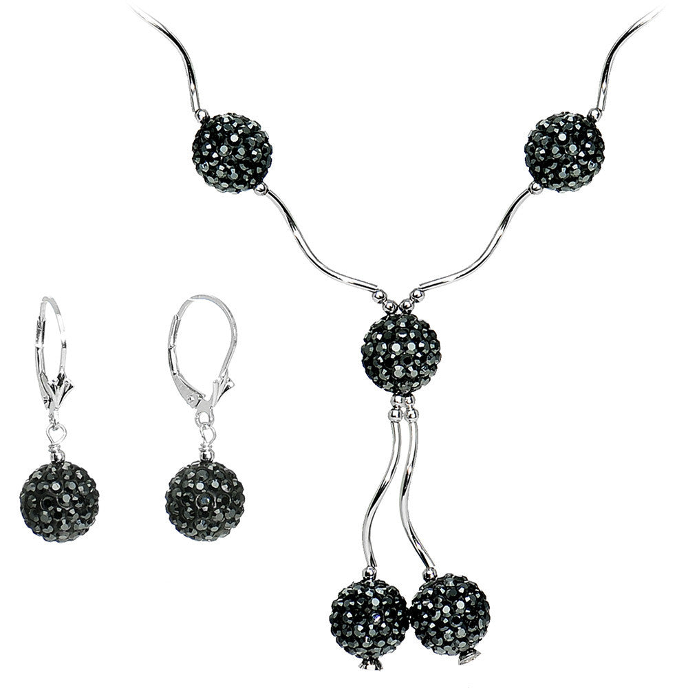 Sterling Silver Jet Crystal Ball Drop Necklace and Earring Set