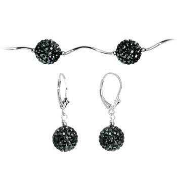 Sterling Silver Jet Crystal Ball Drop Necklace and Earring Set